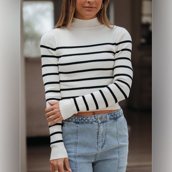 magnolia boutique Tops - Magnolia Boutique Cream and Black Striped Mock
Neck Top